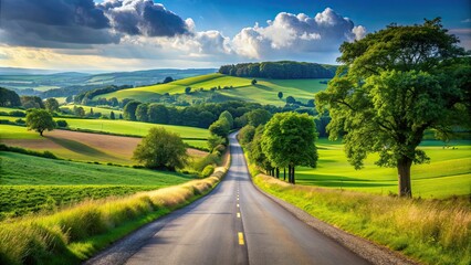 Road leading into lush countryside landscape, countryside, road, scenic view, nature, peaceful, tranquil, serene, journey