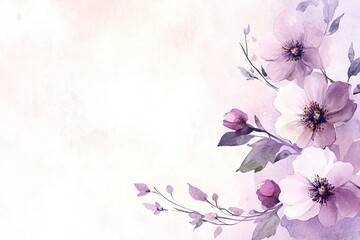 Naklejka premium A delicate watercolor floral design showcasing beautiful purple flowers against a soft pastel background, perfect for invitations.