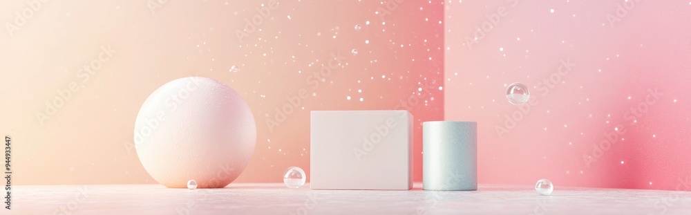 Poster 3d illustration featuring a geometric white cube and cylinder podium designed for showcasing cosmeti