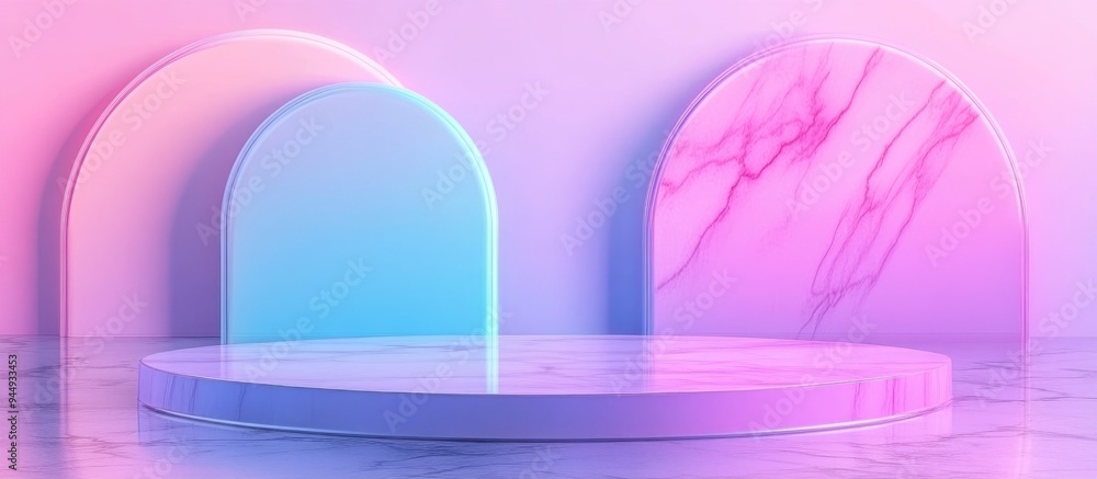 Poster 3D rendering of a gradient glossy abstract geometric podium stage designed for product showcases