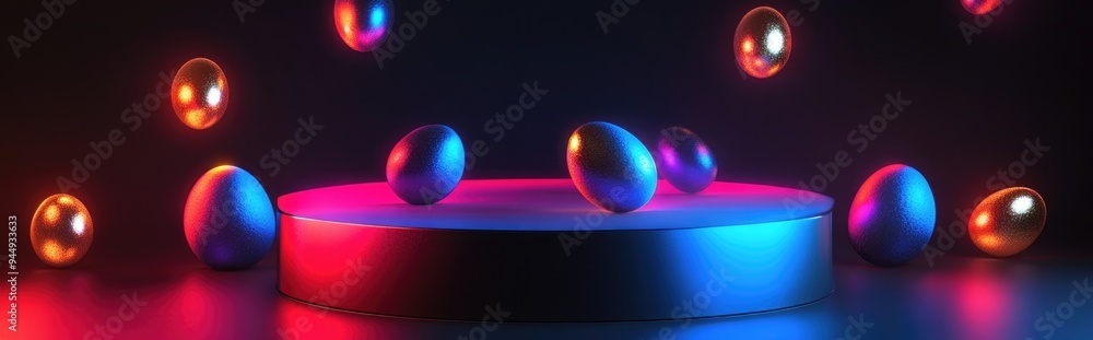 Poster 3d podium with a dark stylish background featuring floating golden easter eggs glamorous template in
