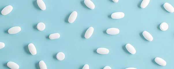 White Pills Scattered on Light Blue Background