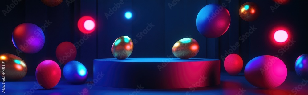 Poster 3d podium with a dark stylish background featuring floating golden easter eggs glamorous template in