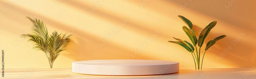 Aufkleber 3d rendering of vacant podiums set against a light orange backdrop an abstract scene suitable for pr