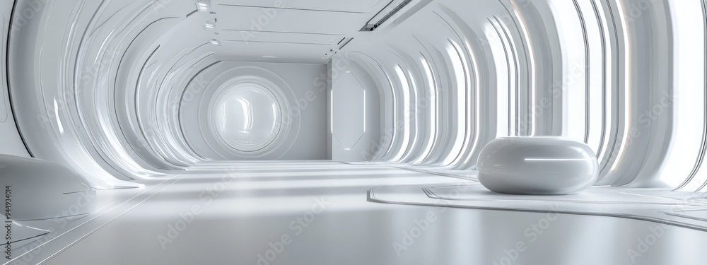 Poster 3d rendering of a white geometric sci fi product display mockup