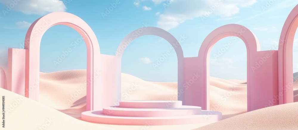 Poster 3D render of an abstract surreal pastel landscape featuring arches and a podium for product display panoramic perspective vibrant dune scene with empty space blue sky with clouds minimalist decor a