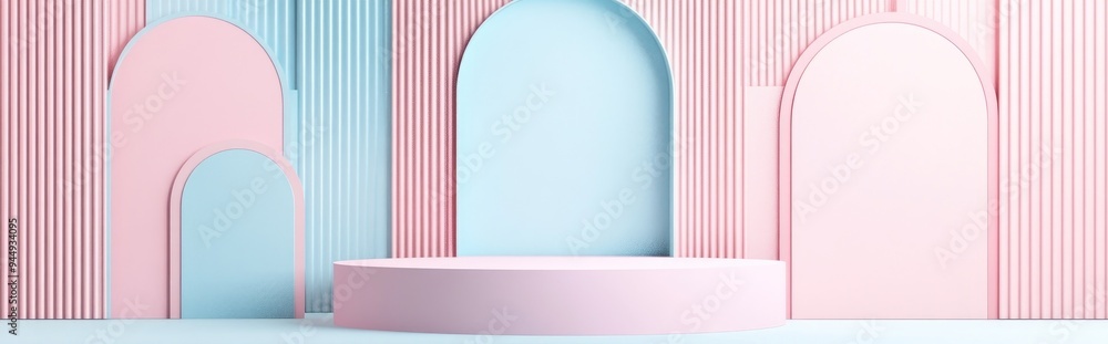 Poster 3D render of an abstract geometric background featuring an art deco display in soft pastel hues showcasing a fashion podium with a blank mock up template a minimalistic empty showcase and primitiv
