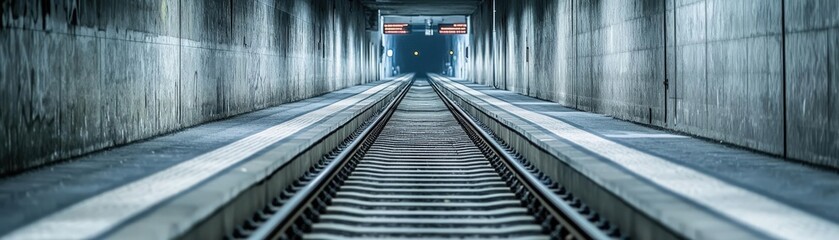 A captivating view of an empty train tunnel with tracks leading into darkness, showcasing a modern urban transport environment.