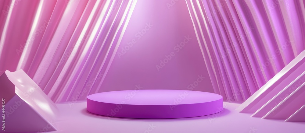 Poster 3d illustration of a purple circular podium set against a backdrop of geometric shapes minimalist de