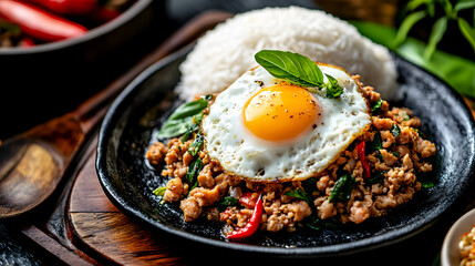 A sizzling plate of Pad Kra Pao, featuring stir-fried minced pork with holy basil and chili