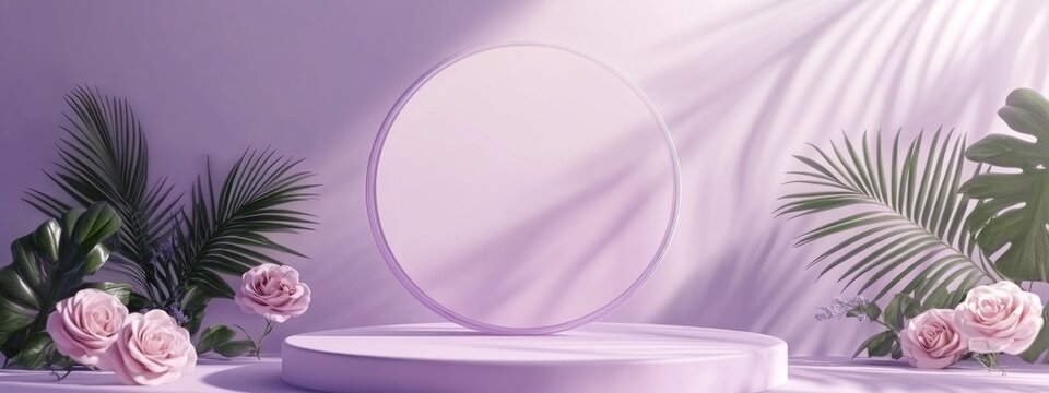3D podium presentation featuring a pastel purple backdrop with rose flowers a circular frame and palm leaf shadows Minimalistic pedestal designed for beauty and cosmetic products ideal for a femin