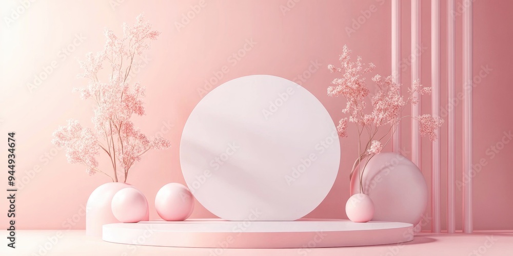 Poster 3D geometric forms with a blank podium in soft hues Minimalist display concept for product presentation and mock up Abstract backdrop suitable for cosmetic promotion