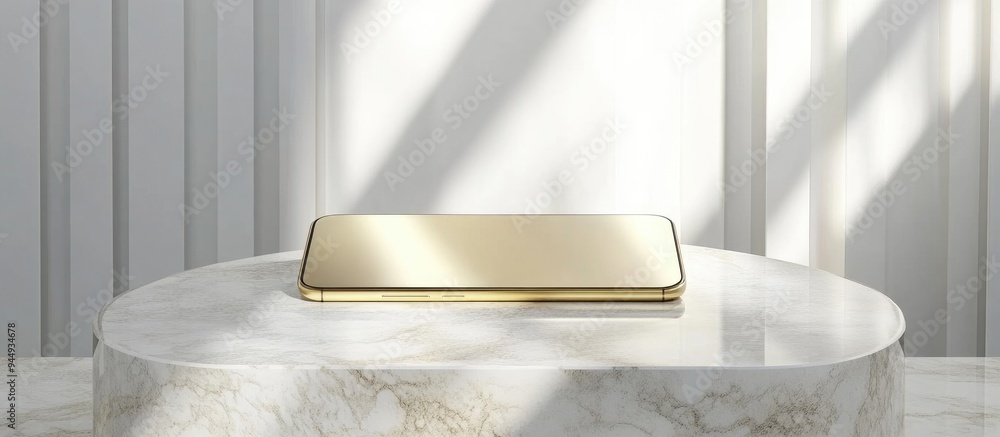Poster 3D rendered illustration of a smartphone mockup UI app display interface on a marble podium stage with a white background featuring a premium minimalist design in gold
