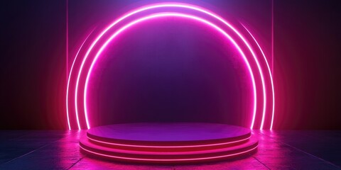 3D rendering of an abstract podium for product display with a luxurious neon light backdrop