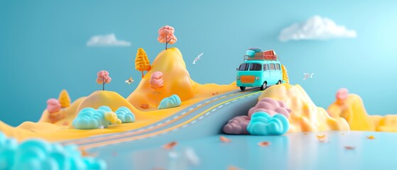 Vintage camper van on a winding mountain road, vibrant autumn foliage, Retro, Realistic