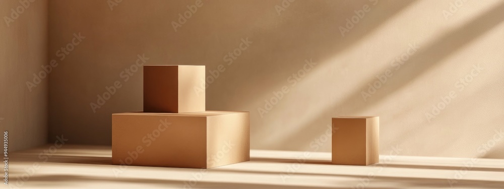 Poster 3d brown cube and box podium in a minimal studio background abstract geometric shape illustration in