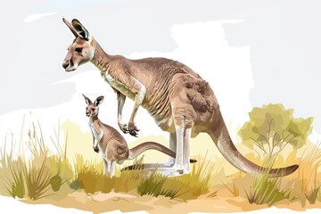 A watercolor illustration of a kangaroo and its joey, set against a natural background with grass and bushes.