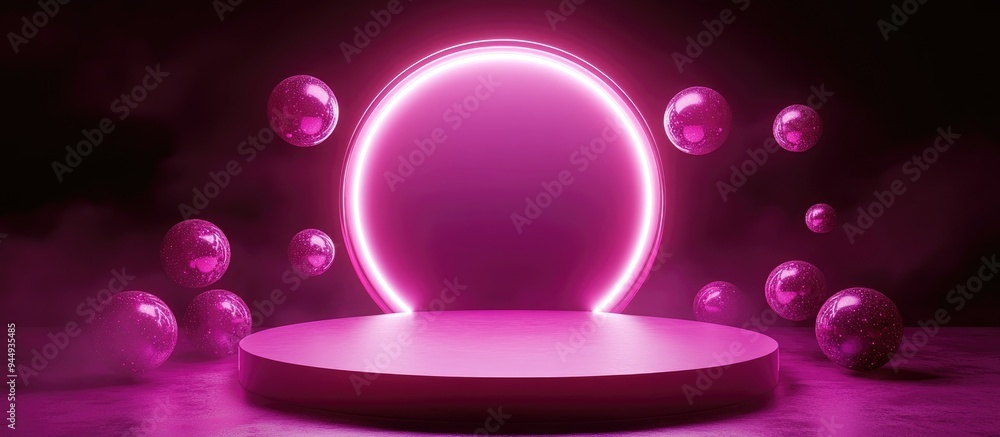 Poster 3d render of a fuchsia pink podium illuminated by led lights featuring floating spheres for a beauty