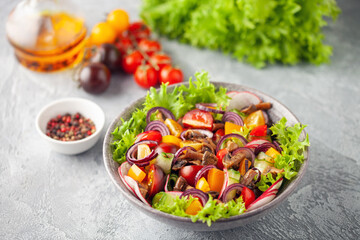 Easy vegetarian salad of fresh cucumber, mushrooms, tomato, sweet pepper, radish and onion in bowl . Healthy food.