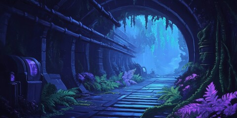 A mystical underwater tunnel filled with vibrant plants and glowing blue light, creating an enchanting, surreal atmosphere.