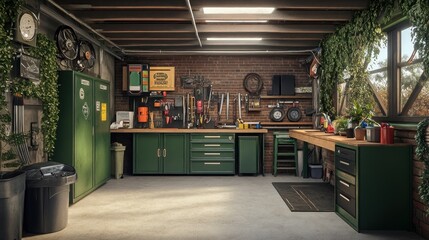 Well-Organized Green Garage Workshop