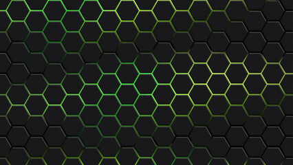 Dark Hexagonal Grid with Glowing Green Edges