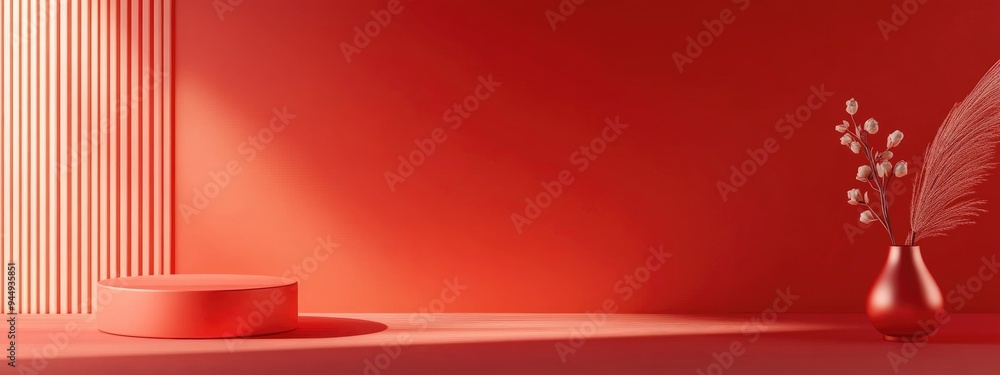 Poster 3d rendering of a blank backdrop for cream cosmetic products featuring a modern red podium