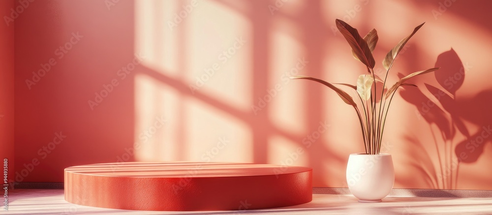 Poster 3D rendering of a minimalistic product display background for cream cosmetics featuring a modern red podium