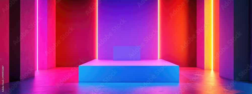 Poster 3D rendering of a studio featuring geometric shapes and a podium on the floor designed for product display and mock up purposes