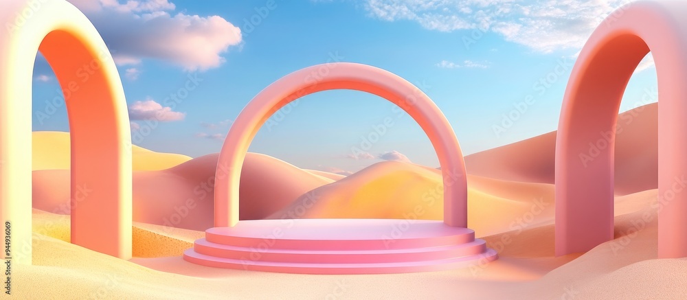 Poster 3D render of an abstract surreal pastel landscape featuring arches and a podium for product display panoramic view with a vibrant dune scene blue sky and clouds complemented by minimalist decor des