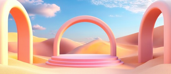 3D render of an abstract surreal pastel landscape featuring arches and a podium for product display panoramic view with a vibrant dune scene blue sky and clouds complemented by minimalist decor des