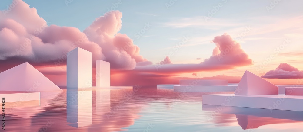 Poster 3d render abstract surreal pastel landscape featuring architectural elements and geometric shapes co