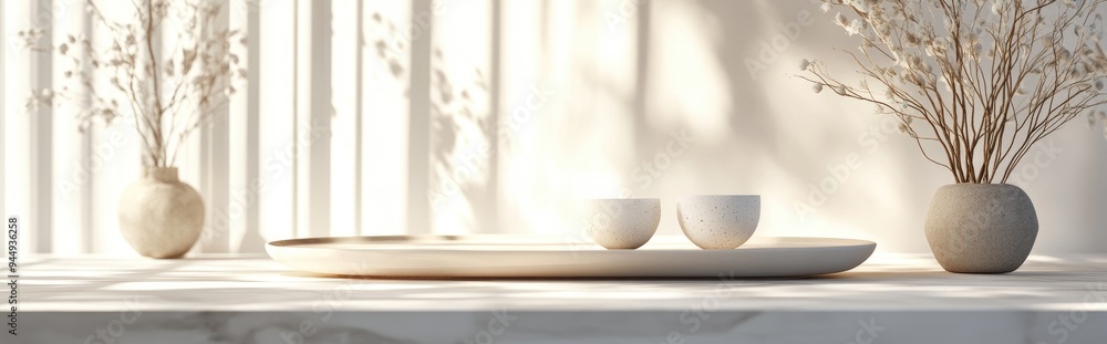 Poster 3D Rendering of an abstract white background featuring a bokeh effect for minimalistic product display in a luxurious interior design setting
