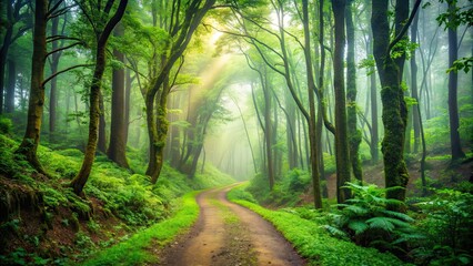 Fototapeta premium Clean path winding through lush green forest with misty atmosphere, clean, green, path, moist, forest, nature, environment