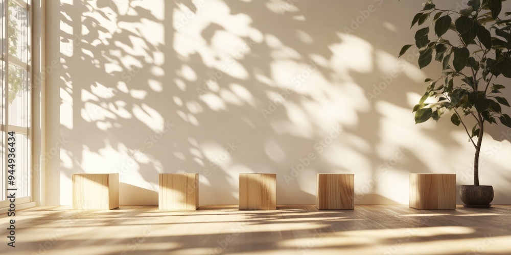 Aufkleber 3D rendering of wooden cube blocks with tree shadows in a room