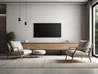 Modern Living Room with Two Armchairs, a TV, and a Wooden Cabinet
