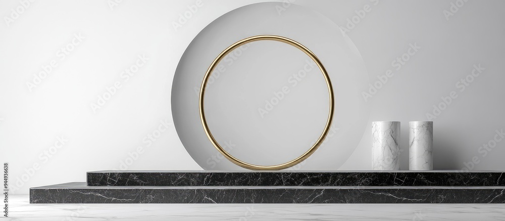 Aufkleber 3D rendering of black and white marble pedestal steps on a white background featuring a golden ring and round frame with two cylinders in an abstract minimal concept creating a blank space and a si