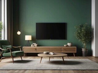 Modern living room interior with a flat screen tv, green armchair, and wooden furniture