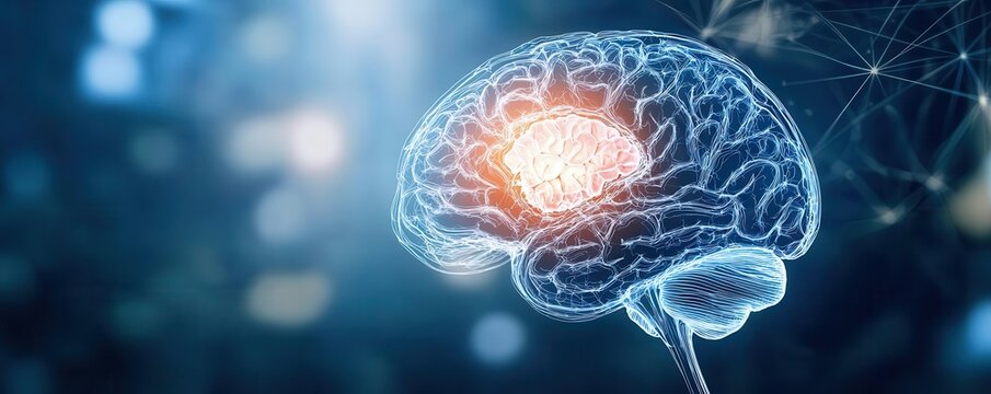 Cross-section of the brain highlighting ischemic regions and intact areas, stroke, neurological visualization