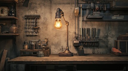 Rustic Workshop with a Vintage Lamp