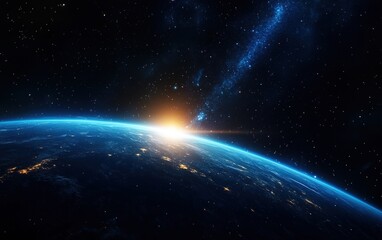 A stunning view of Earth from space at sunrise, showcasing the vibrant atmosphere and distant stars.