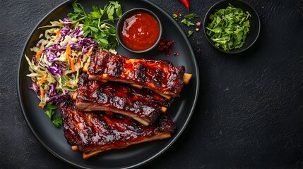 Delectable plate of savory and tender barbecued ribs alongside a refreshing coleslaw salad perfect...