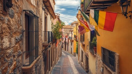 Fototapeta premium Alley with balcony flags in Spanish style