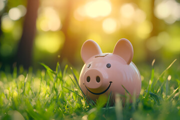 piggy bank on grass saving money concept
