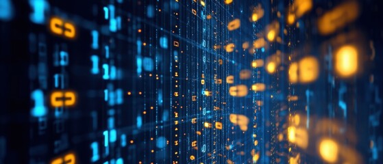Obraz premium A vibrant digital background showcasing blue and orange binary code, ideal for technology and data visualization themes.