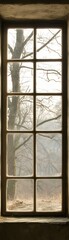A vintage window frame revealing a serene, foggy landscape with bare trees in the background, inviting tranquility and reflection.