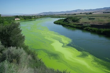 River water pollution with green algae bloom covering the surface