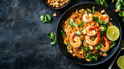 Delicious and Vibrant Pad Thai Noodle Dish with Shrimp and Peanuts Served on a Plain Background with Ample Copy Space for Text Overlay