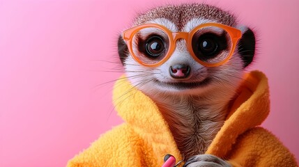 An animal dressed in human clothing, set against a pastel background. The colors enhance the whimsical nature of the scene, creating a light-hearted and charming visual.