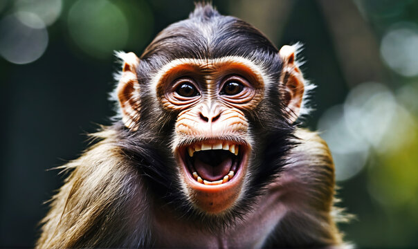 A young monkey with big brown eyes and a wide open mouth looks directly at the camera with a playful expression